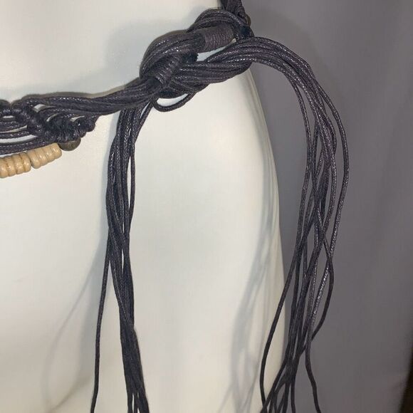 Vintage 00s y2k Woven Macramé Boho Brown Faux Leather Tie Rope Belt with Wooden - Picture 4 of 11